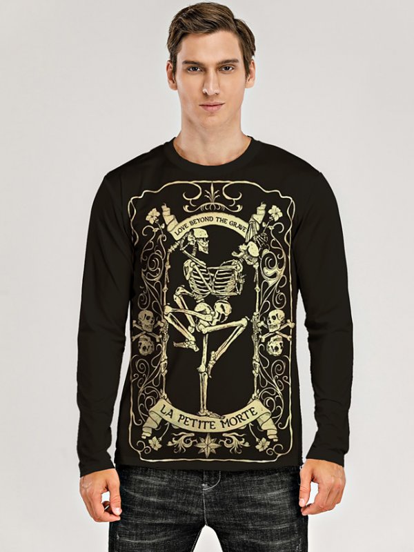 Men's 3D Graphic Skull T-Shirt Print Long Sleeve Daily Tops Black