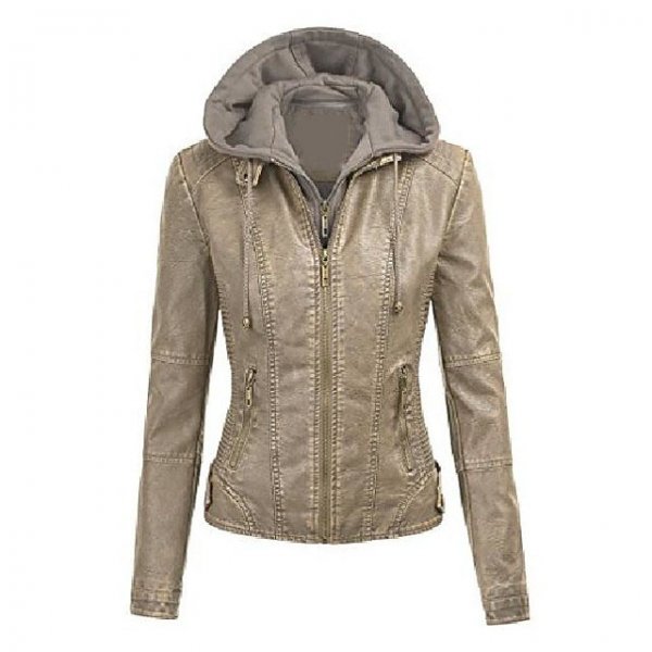 Womens Leather Quilted Motorcycle Jacket With Hoodie Khaki