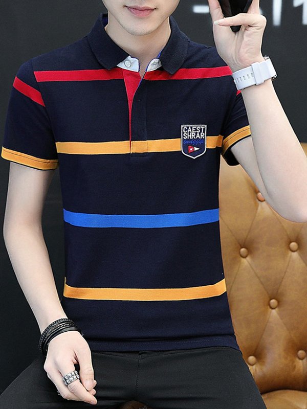 Men's Striped Polo Short Sleeve Daily Tops White Navy Blue