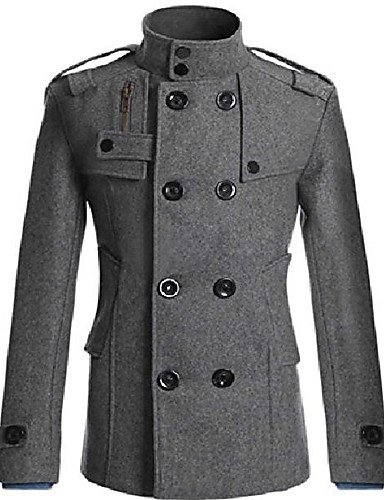 Mens Casual Military Style Double Breasted Button Slim Fit Pea Coat Grey L