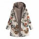 Womens Floral Print Warm Thick Plush Outwear Hooded Jacket Vintage Parka Zipper Overcoats Orange