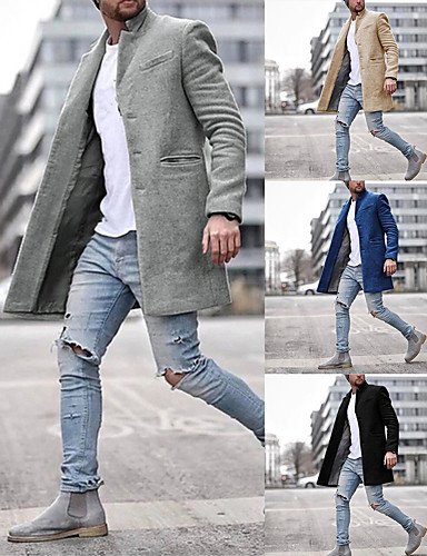 Men's Winter Overcoat Long Solid Colored Daily Long Sleeve Cotton Black Navy Blue Gray Work