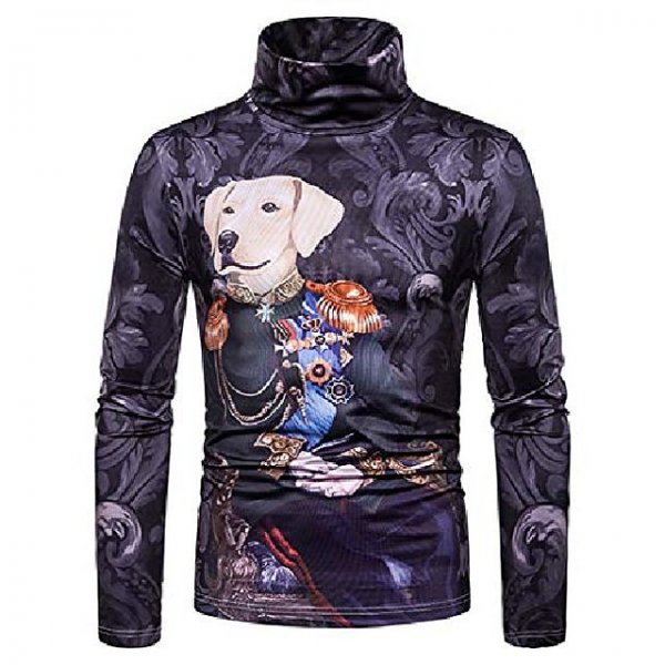 Mens Long Sleeve T-Shirt 3D Duke Dog Print Turtleneck Pullover Tops Tees Blouse