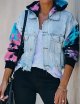 Women's Single Breasted One-Button Denim Jacket Short Print Sports Light Blue