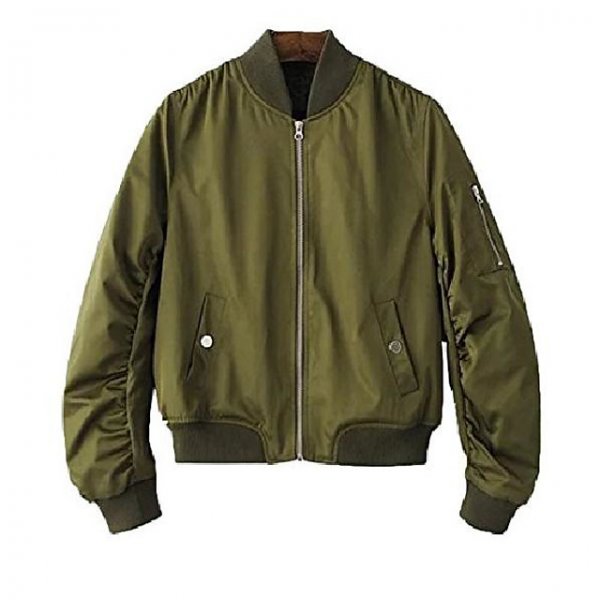 Women's Classic Solid Biker Short Jacket Zip Up Bomber Jacket Coat Green