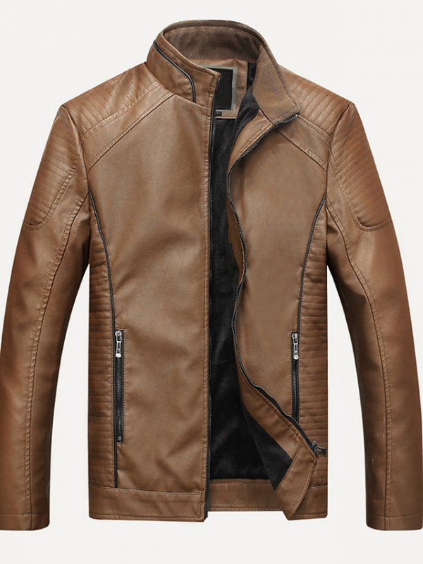 Men's Winter Stand Collar Leather Jacket Regular Solid Colored Daily Basic Long Sleeve Black Brown