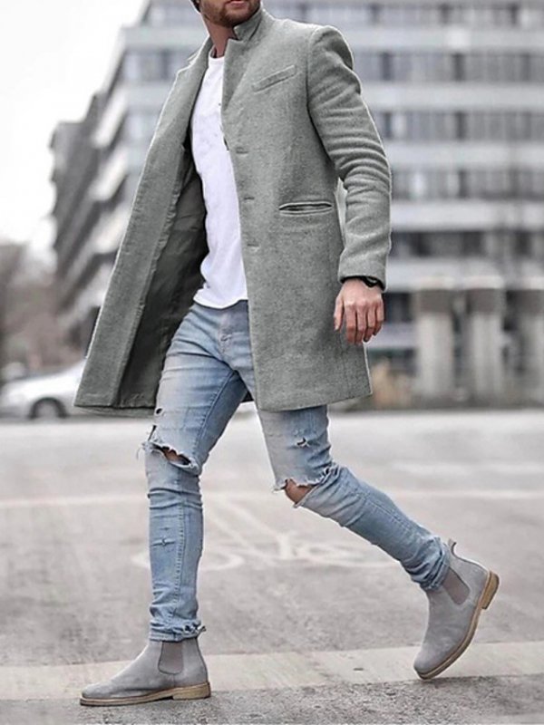 Men's Winter Overcoat Long Solid Colored Daily Long Sleeve Cotton Black Navy Blue Gray Work