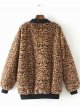 Women's Zipper Stand Collar Teddy Coat Regular Leopard Daily Basic Brown / Loose