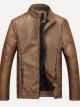 Men's Winter Stand Collar Leather Jacket Regular Solid Colored Daily Basic Long Sleeve Black Brown